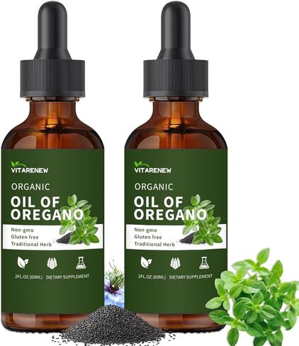 قطرات زيت الأوريجانو العضوية | زيت الأوريجانو مع زيت الحبة السوداء، مملوء بفيتامين E، 80% كارفاكرول لدعم المناعة، تعزيز مضادات الأكسدة وتنظيف الأمعاء - غير معدل وراثيًا، نباتي، عبوتان (كمية تكفي 480 يومًا) in Kuwait
