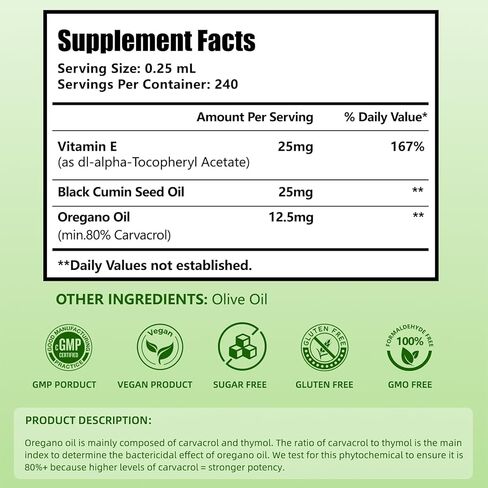 قطرات زيت الأوريجانو العضوية | زيت الأوريجانو مع زيت الحبة السوداء، مملوء بفيتامين E، 80% كارفاكرول لدعم المناعة، تعزيز مضادات الأكسدة وتنظيف الأمعاء - غير معدل وراثيًا، نباتي، عبوتان (كمية تكفي 480 يومًا) in Kuwait