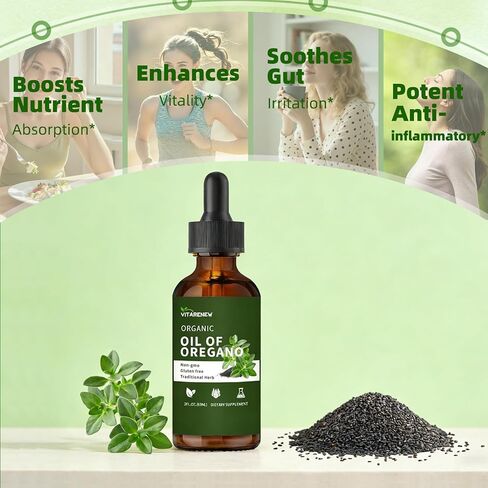 قطرات زيت الأوريجانو العضوية | زيت الأوريجانو مع زيت الحبة السوداء، مملوء بفيتامين E، 80% كارفاكرول لدعم المناعة، تعزيز مضادات الأكسدة وتنظيف الأمعاء - غير معدل وراثيًا، نباتي، عبوتان (كمية تكفي 480 يومًا) in Kuwait