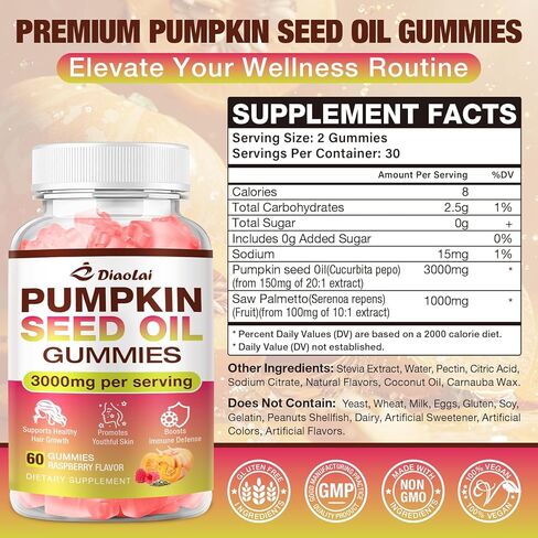 علكات زيت بذور اليقطين خالية من السكر مع البلميط المنشاري لنمو الشعر - مكمل عضوي لصحة البشرة ودعم البروستاتا - مستخلص عالي النقاء للنساء والرجال، نكهة التوت، 60 قطعة in Kuwait