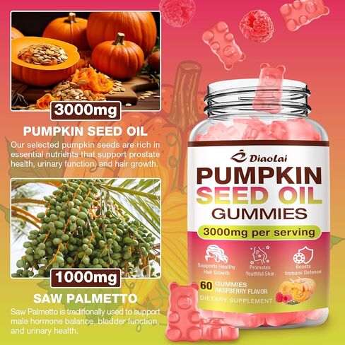 علكات زيت بذور اليقطين خالية من السكر مع البلميط المنشاري لنمو الشعر - مكمل عضوي لصحة البشرة ودعم البروستاتا - مستخلص عالي النقاء للنساء والرجال، نكهة التوت، 60 قطعة in Kuwait