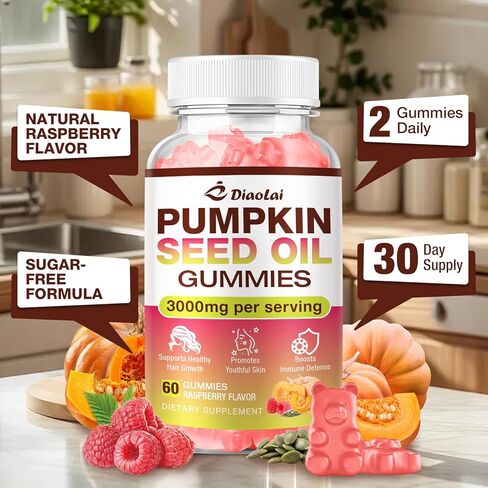 علكات زيت بذور اليقطين خالية من السكر مع البلميط المنشاري لنمو الشعر - مكمل عضوي لصحة البشرة ودعم البروستاتا - مستخلص عالي النقاء للنساء والرجال، نكهة التوت، 60 قطعة in Kuwait