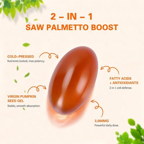 زيت بذور اليقطين لنمو الشعر بالميتو المنشاري | 3000 مجم لكل جرعة، 300 كبسولة هلامية | يدعم صحة المسالك البولية والبروستاتا | معصور على البارد، غني بالأحماض الدهنية والفيتوستيرول، غير معدل وراثيًا in Kuwait