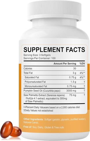 زيت بذور اليقطين لنمو الشعر بالميتو المنشاري | 3000 مجم لكل جرعة، 300 كبسولة هلامية | يدعم صحة المسالك البولية والبروستاتا | معصور على البارد، غني بالأحماض الدهنية والفيتوستيرول، غير معدل وراثيًا in Kuwait