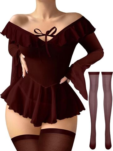 Sexy Ruffle Bell Sleeve Mesh Sheer Babydoll Lingerie Set Dress with Thong 2 Piece in Kuwait