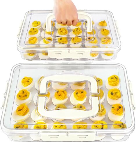 2 Pack Deviled Egg Containers with Lid and Handle, Durable Clear Plastic Deviled Egg Carrier Storage 48 Eggs, Stackable Egg Holder for Fridge, Portable Tray Platter for Party & Picnics-White in Kuwait