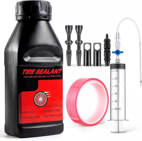 Tubeless Tire Sealant 250ml Tubeless Sealant with Rim Tape, Valve Stems and Injector Kit, Complete Conversion Puncture Repair Kit for Road, Gravel, MTB Bikes in Saudi Arabia