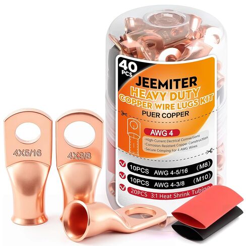 Jeemiter 20pcs 8 AWG Battery Cable Lugs, 5/16" & 3/8" Copper Ring Terminals, Heavy Duty Crimp Connectors for 8 Gauge Wire with 20pcs 3:1 Heat Shrink Tubing & Glue Bottle - Automotive Marine Solar Use in Kuwait