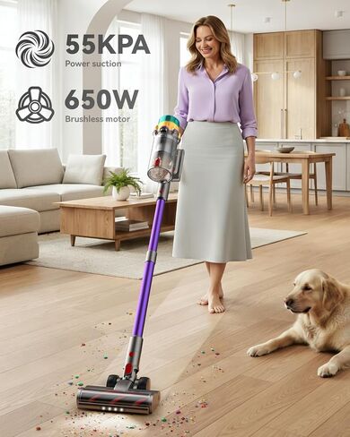 مكنسة كهربائية لاسلكية، 55 كيلو باسكال 65 دقيقة XL مكانس كهربائية لأكواب الغبار للمنزل، مكنسة كهربائية مع فرشاة مضادة للتشابك، شاشة LED، قائمة بذاتها، مكنسة كهربائية لاسلكية للأرضيات الصلبة والسجاد وشعر الحيوانات الأليفة، أرجواني in Kuwait