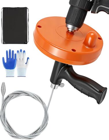 Drain Auger, 25FT Drain Snake with Drill Adapter, Flexible Plumbing Snake Clog Removal Tool with Gloves & Cloth Bag, Use Manually or Powered for Kitchen Bathroom Shower Sink in Kuwait