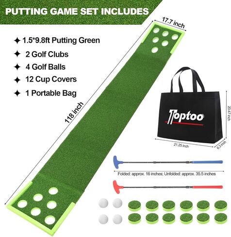بساط وضع الجولف مع مضربين قابلين للتعديل، 4 كرات، 1 حقيبة محمولة - محمولة للاستخدام الداخلي والخارجي بطول 9.84 قدم باللون الأخضر للفناء الخلفي للمنزل والمكتب وألعاب الحفلات (العرض: 17.7 بوصة) in Kuwait