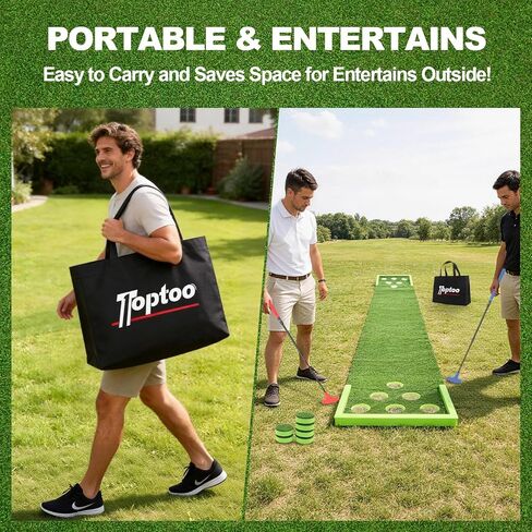 بساط وضع الجولف مع مضربين قابلين للتعديل، 4 كرات، 1 حقيبة محمولة - محمولة للاستخدام الداخلي والخارجي بطول 9.84 قدم باللون الأخضر للفناء الخلفي للمنزل والمكتب وألعاب الحفلات (العرض: 17.7 بوصة) in Kuwait