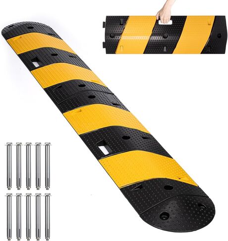 مطب سرعة مطاطي قابل للطي، هيكل بطول 7 أقدام مع غطاءين طرفيين - إجمالي 83.5 بوصة × 12 بوصة × 2 بوصة، تصميم بمقبض للحمل، مطب سرعة للممر باللون الأسود/الأصفر للممرات ومواقف السيارات والأحداث in Kuwait