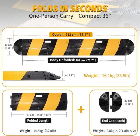 مطب سرعة مطاطي قابل للطي، هيكل بطول 7 أقدام مع غطاءين طرفيين - إجمالي 83.5 بوصة × 12 بوصة × 2 بوصة، تصميم بمقبض للحمل، مطب سرعة للممر باللون الأسود/الأصفر للممرات ومواقف السيارات والأحداث in Kuwait