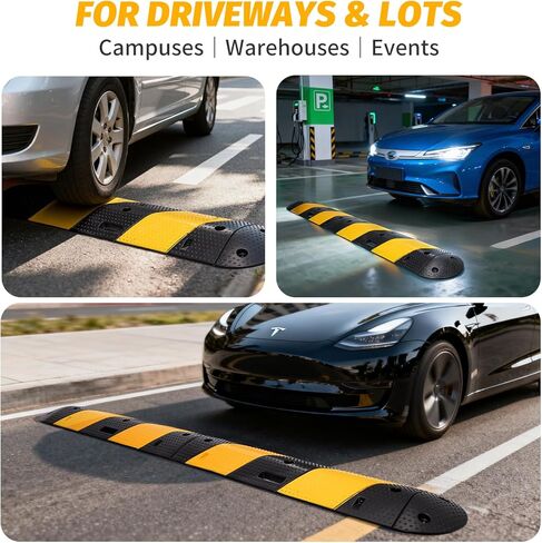 مطب سرعة مطاطي قابل للطي، هيكل بطول 7 أقدام مع غطاءين طرفيين - إجمالي 83.5 بوصة × 12 بوصة × 2 بوصة، تصميم بمقبض للحمل، مطب سرعة للممر باللون الأسود/الأصفر للممرات ومواقف السيارات والأحداث in Kuwait
