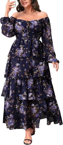 Womens Plus Size Floral Tiered Ruffle Long Sleeve Evening Party Wedding Guest Dress in Kuwait