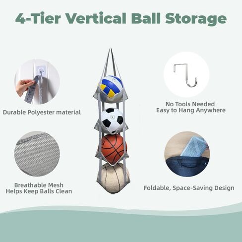 4-Tier Mesh Ball Storage Organizer, Basketball Holder for Garage, Sports Ball Storage for Basketballs, Toys and Snacks in Saudi Arabia
