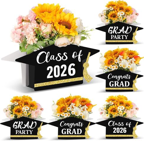 Estune 6 Pcs 2025 Graduation Centerpieces for Table Decorations Graduation Cap Flower Boxes Class of 2025 Congratulate Table Toppers for Black Gold Grad Party Favors Supplies in Kuwait