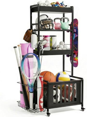 Garage Sports Equipment Organizer, Golf Bag Storage Rack, Heavy Duty Ball Holder with Basket & Hooks, Indoor/Outdoor Basketball Storage Bins for Toy Sports Gear Storage in Kuwait