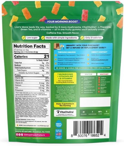 قطرات من علكات الفطر الطبيعية - ذيل الأسد الديك الرومي، مستخلص الشاي الأخضر الكولين إل-الثيانين - مزيج الفطر النباتي الفائق - مع فيتامينات ب6 وب12 (فواكه مشكلة، 75 علكة) in Kuwait