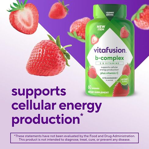 Vitafusion B-Complex Gummy Dietary Supplements, with 5 B Vitamins to Support Cellular Energy Production (1), Plus Vitamin C, Strawberry Flavor, 60 Count in Kuwait