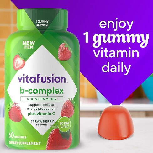 Vitafusion B-Complex Gummy Dietary Supplements, with 5 B Vitamins to Support Cellular Energy Production (1), Plus Vitamin C, Strawberry Flavor, 60 Count in Kuwait