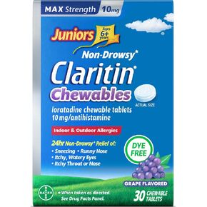Juniors Claritin Max Strength 10mg Chewables, One Dose for 24-Hour Non-Drowsy Allergy Relief, Children's Allergy Medicine, Kids Chewable Allergy Medicine, Ages 6+, Grape Flavored, 30 Chewable Tablets in Kuwait