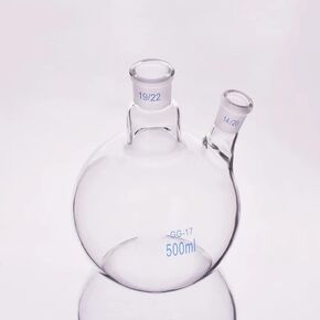 Two-Mouth Bottom Flask, Oblique Shape, with Two Standard Grinding Nozzles 25 ml, 50 ml, 100 ml, 250 ml, 500 ml, Center 19/22, Side 14/20.(50mL) in Kuwait
