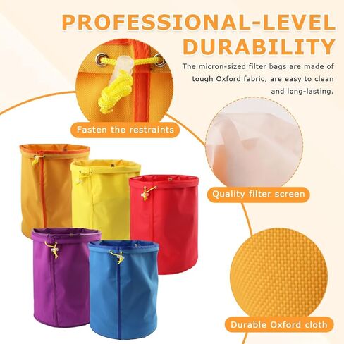 5 Pack 5 Gallon Filter Bags, 25-220 Micron Oxford Cloth All-Mesh Filter Bags with Color Coding System, Adjustable Drawstring Reusable Filter Bags for Fruit Juice Extraction, Soy Products, Home Kitchen in Kuwait