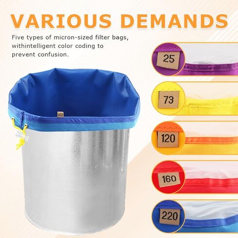 5 Pack 5 Gallon Filter Bags, 25-220 Micron Oxford Cloth All-Mesh Filter Bags with Color Coding System, Adjustable Drawstring Reusable Filter Bags for Fruit Juice Extraction, Soy Products, Home Kitchen in Kuwait