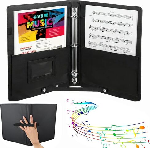 مجلد موسيقى ورقة فضفاضة مع 3 حلقات (13 بوصة × 10.2 بوصة)، مجلد موسيقى جوقة من جلد البولي يوريثان، مع حزام يد وحزام ثابت، مناسب للعروض المسرحية، ولعب البيانو، والجوقة (أسود) in Kuwait