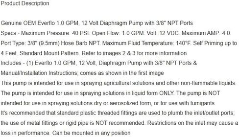 Replacement for Everflo 1.0 GPM, 12V, Max 40 PSI Diaphragm Pump EF1000, EF1000-BOX, EF1000BOX OEM in Kuwait