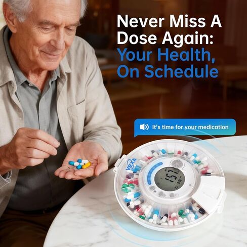 VEXA VitaMate 28 منظم حبوب الدواء الأوتوماتيكي الذكي مع تطبيق حصري تم تطويره ذاتيًا، إدارة الأدوية الشهرية 28 فتحة، تنبيهات صوتية متصلة بالتطبيق، سهولة التقليب للتوزيع للفيتامينات والأجهزة اللوحية in Kuwait