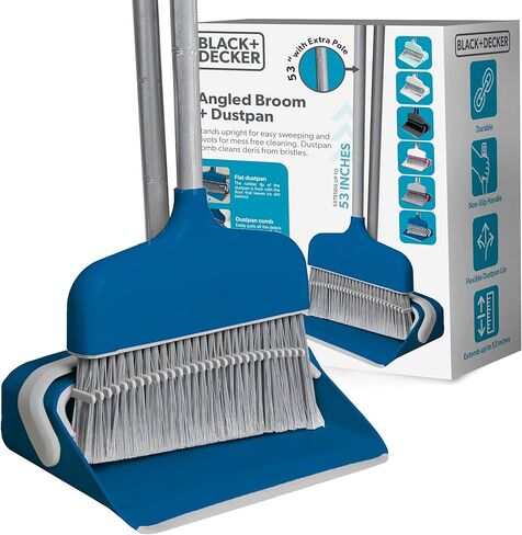 BLACK+DECKER Butler Broom & Dustpan Set - Stand-Up Design - Lightweight, Space-Saving Combo for Kitchen, Living Room, Bathroom, Lobby Floors - Home Cleaning Essential, Ocean Blue in Saudi Arabia