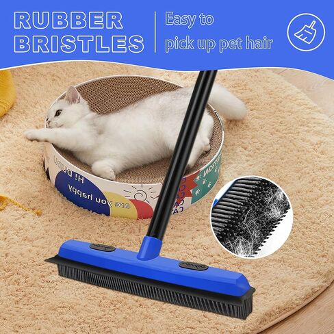 فرشاة سجاد مطاطية مع ممسحة، مزيل شعر الحيوانات الأليفة بمقبض طويل 52.8 بوصة، أداة إزالة فراء الوبر التفصيلية، مشط سجاد من السيليكون لتنظيف الأرضيات الصلبة والبلاط والنافذة (أزرق) in Kuwait