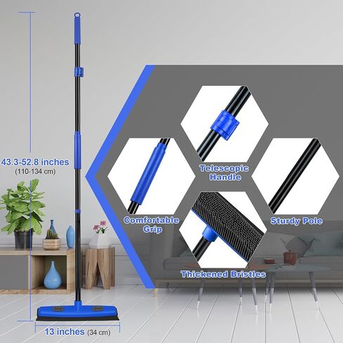 فرشاة سجاد مطاطية مع ممسحة، مزيل شعر الحيوانات الأليفة بمقبض طويل 52.8 بوصة، أداة إزالة فراء الوبر التفصيلية، مشط سجاد من السيليكون لتنظيف الأرضيات الصلبة والبلاط والنافذة (أزرق) in Kuwait