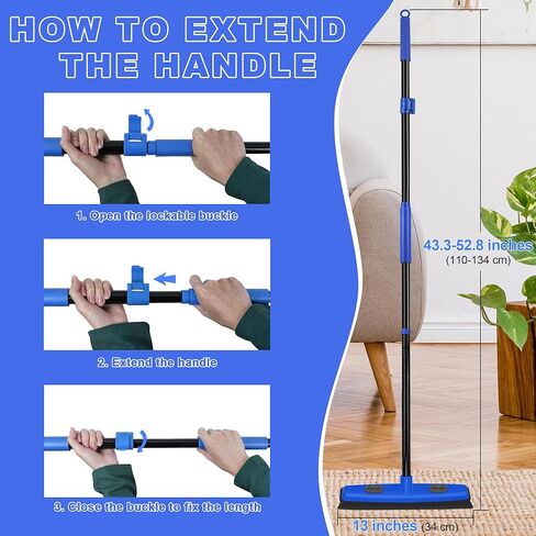 فرشاة سجاد مطاطية مع ممسحة، مزيل شعر الحيوانات الأليفة بمقبض طويل 52.8 بوصة، أداة إزالة فراء الوبر التفصيلية، مشط سجاد من السيليكون لتنظيف الأرضيات الصلبة والبلاط والنافذة (أزرق) in Kuwait