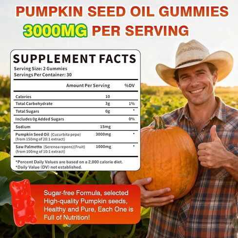 Pumpkin Seed Oil Gummies 3000MG, Organic Pumpkin Seed Oil with Saw Palmetto Supports Hair, Skin & Prostate Health High-Purity Extract for Women & Men, Raspberry Flavor, 60 Count in Saudi Arabia