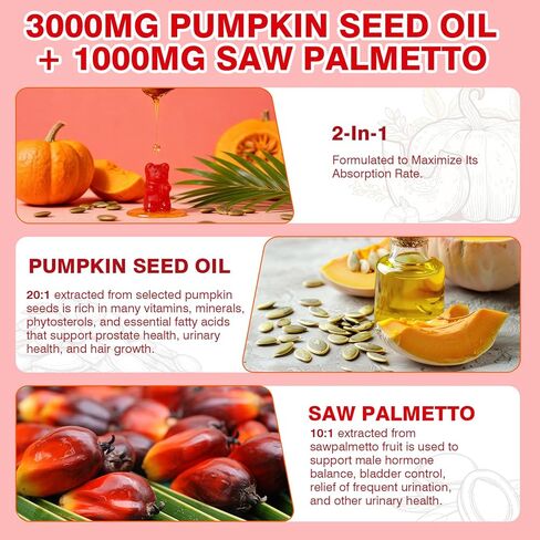 Pumpkin Seed Oil Gummies 3000MG, Organic Pumpkin Seed Oil with Saw Palmetto Supports Hair, Skin & Prostate Health High-Purity Extract for Women & Men, Raspberry Flavor, 60 Count in Saudi Arabia