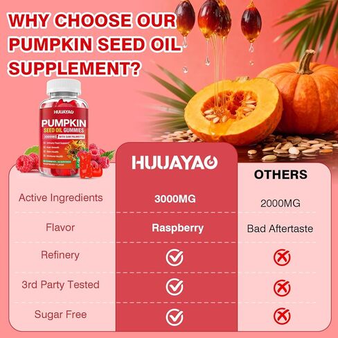 Pumpkin Seed Oil Gummies 3000MG, Organic Pumpkin Seed Oil with Saw Palmetto Supports Hair, Skin & Prostate Health High-Purity Extract for Women & Men, Raspberry Flavor, 60 Count in Saudi Arabia