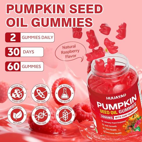 Pumpkin Seed Oil Gummies 3000MG, Organic Pumpkin Seed Oil with Saw Palmetto Supports Hair, Skin & Prostate Health High-Purity Extract for Women & Men, Raspberry Flavor, 60 Count in Saudi Arabia