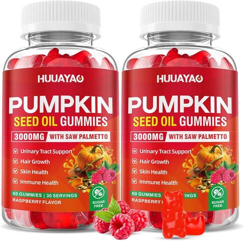 Pumpkin Seed Oil Gummies 3000MG, Organic Pumpkin Seed Oil with Saw Palmetto Supports Hair, Skin & Prostate Health High-Purity Extract for Women & Men, Raspberry Flavor, 60 Count in Kuwait