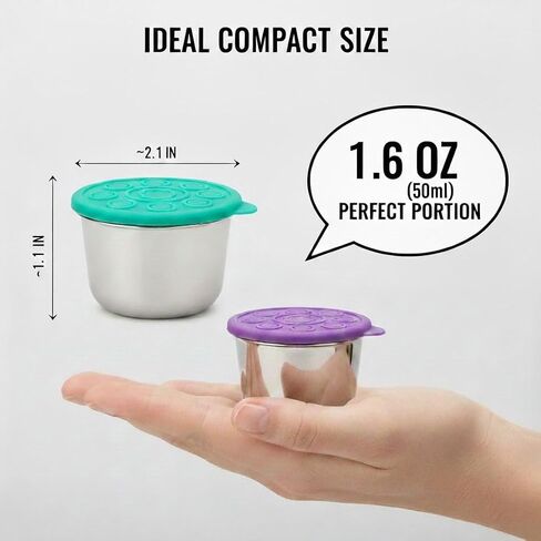 6pcs 1.6oz من أكواب الصوآل المصنوعة من الفولاذ المقاوم للصدأ مع أغطية مقاومة للتسرب - مثالية للسلطات والانخفاضات والصلصات. تصميم محمول مثالي للنزهات والسفر وإعداد الوجبات. قابل لإعادة الاستخدام وسهلة التنظيف in Saudi Arabia