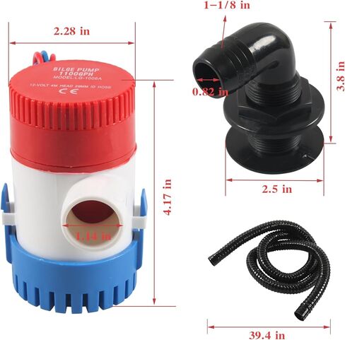 12v 1100 Gallons/Hour Marine Bilge Pump Kit, Includes 1-1/8" Diameter Bilge Pump, 6.5' Hose, 2 Stainless Steel Hose Clamps, And Hull Penetration Fitting. Suitable for Fishing Boats, Speedboa in Kuwait