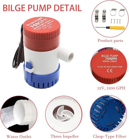 12v 1100 Gallons/Hour Marine Bilge Pump Kit, Includes 1-1/8" Diameter Bilge Pump, 6.5' Hose, 2 Stainless Steel Hose Clamps, And Hull Penetration Fitting. Suitable for Fishing Boats, Speedboa in Kuwait