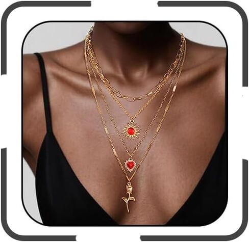 Atiptu Layered Crystal Sun Necklace for Women Vintage Sun Heart Flower Pendant Charm Necklace Boho Hippie Jewelry Dainty Statement Necklace in Saudi Arabia