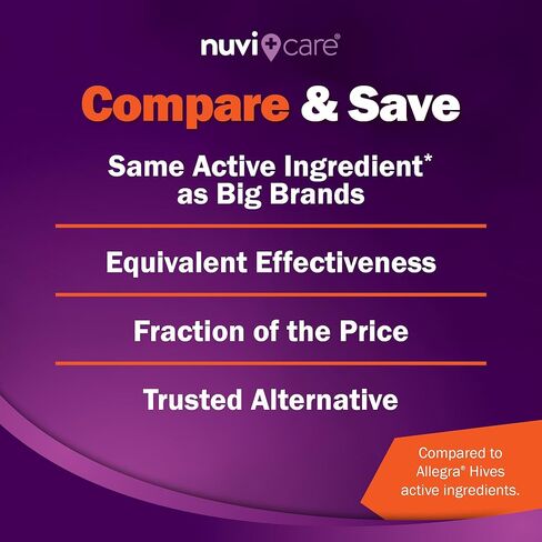 دواء حساسية خلايا النحل للبالغين والأطفال بعمر 12 عامًا فما فوق - فيكسوفينادين 180 ملغ - تركيبة مضادات الهيستامين غير المسببة للنعاس لمدة 24 ساعة - عام لخلايا أليجرا - أقراص تخفيف الحساسية غير المسببة للنعاس (30 قرصًا) in Kuwait