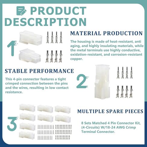8 مجموعات متطابقة من 4 دبابيس، (4 دوائر) مع موصل طرفي مجعد مقاس 18-24 AWG، متوافق مع مجموعات موصلات موليكس، مقاوم للتآكل، سهل التركيب in Kuwait