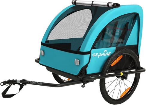 Sepnine Kids Bike Trailer, 2 in1 Canopy Carrier Converts to Pushcart Suitable for 1 to 2 Kids, 12+ Months, Quick Attach to Bike, Foldable, with 5-Point Harness and Storage Bags in Kuwait