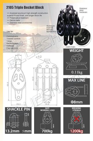 Blue Shark-Sailing Pulley Blocks Ball Bearing 28mm Triple Fixed 2105 in Kuwait
